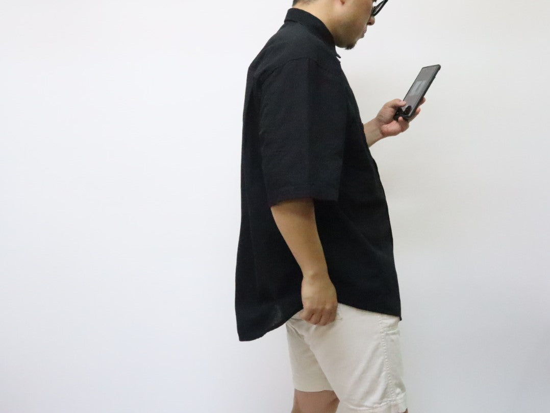 <OSOCU> 知多木綿 ちりめん生地 半袖リラックスシャツ 黒 名古屋黒紋付染